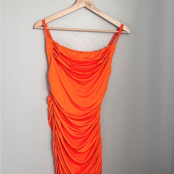 Dress Spaghetti Strap Bodycon Party Club Midi Dress Orange. - Picture 10 of 10